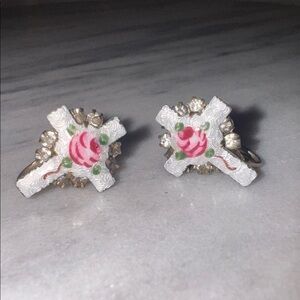 Vintage earrings clip on screw back White Guilloche Enamel Pink Rose Rhinestone